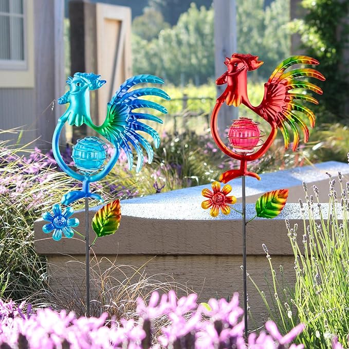 Rooster Solar Garden Lights, 2 Pack Metal Solar Stake Light, 27" H Outdoor Chicken Statues Figurine Lights for Spring Garden Lawn Patio Yard Decoration