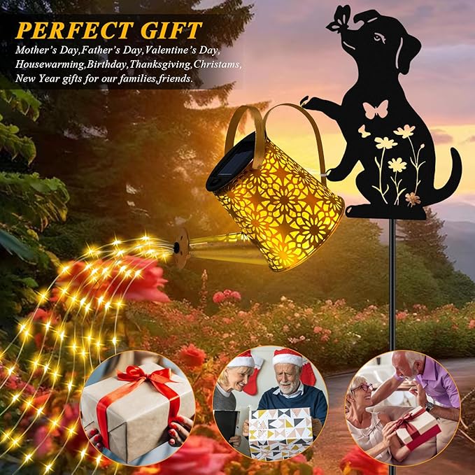 Solar Lights Outdoor Decorative, Watering Can with Cascading Lights, with Dog Silhouette Garden Stakes, Waterproof Metal Garden Decor for Yard Art, Outside, Patio, Lawn Ornaments