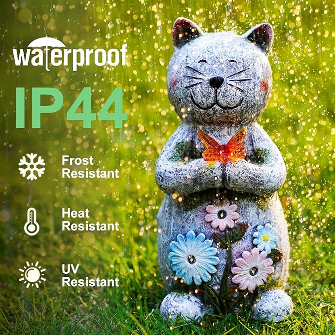 Solar Retro Cat Statue Outdoor - Resin Garden Outside Decorations with Butterfly for Patio,Balcony,Yard,Birthday Gardening Gifts for Women Mom