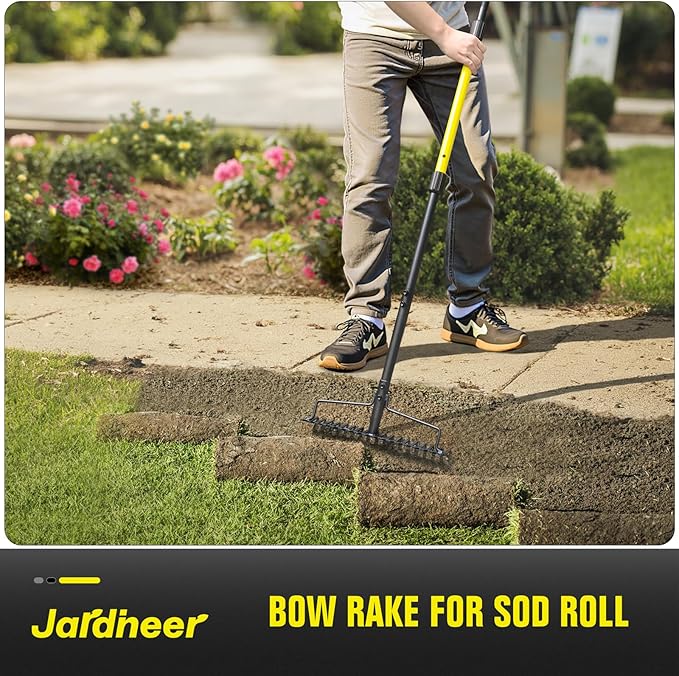 Jardineer Bow Rake Heavy Duty, Long Handle Metal Rakes for Gravel, Rocks, Lawns Leaves, Soil Leveling, Landscaping, Garden Rake with 18 Steel Tines (59 Inches)