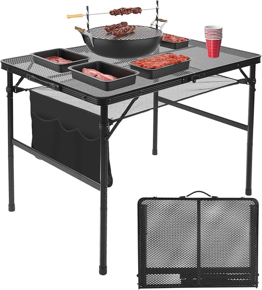 Folding Grill 3x2 FT Portable Camping Table, Lightweight Height Adjustable Metal Picnic Outdoor Table with Mesh Desktop and Mesh Bag, Beach and BBQ, Party