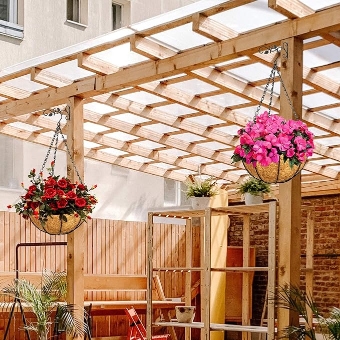 ZeeDix 3 Pack 12 Inch Metal Round Hanging Planter Basket with Coconut Liners Replacement, Hanging planters Baskets with Natural Coco Liner for Outdoor Indoor Planters Flowers Vegetables