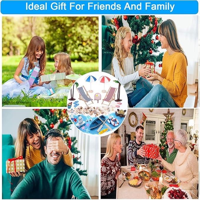 31 Pcs Beach Microlandscape Miniature Dollhouse Decoration, Maritime Decoration with Mini Beach Umbrella Mini Chair Miniature Coconut Tree Beach Decor for DIY Garden Plant Pool