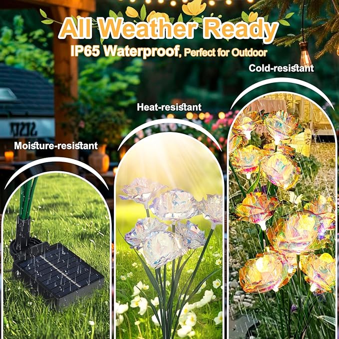 Solar Garden Lights Outdoor, 4 Pack 24-Head Artificial Flowers Solar Lights, IP65 Waterproof Garden Decoration for Yard Patio Path Cemetery Grave, Gifts for Mom Women Bithday Mother's Day-Auto ON/Off