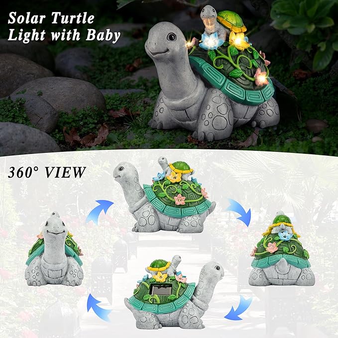 LESES Garden Statues, Turtle Solar Statue Garden Decor Clearance, Cute Turtle Figurines with Baby & 7 LED Solar Lights Lawn Decorations for Patio Yard Gifts for Mom Grandma Housewarming