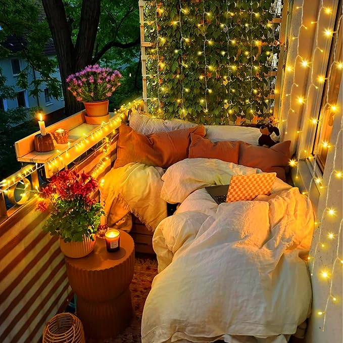 KNONEW Christmas String Lights Indoor Plug in,50FT 150LED Outdoor Waterproof Fairy Lights,8 Lighting Modes,Timer Memory Function for Bedroom Patio Balcony Party (Warm White)