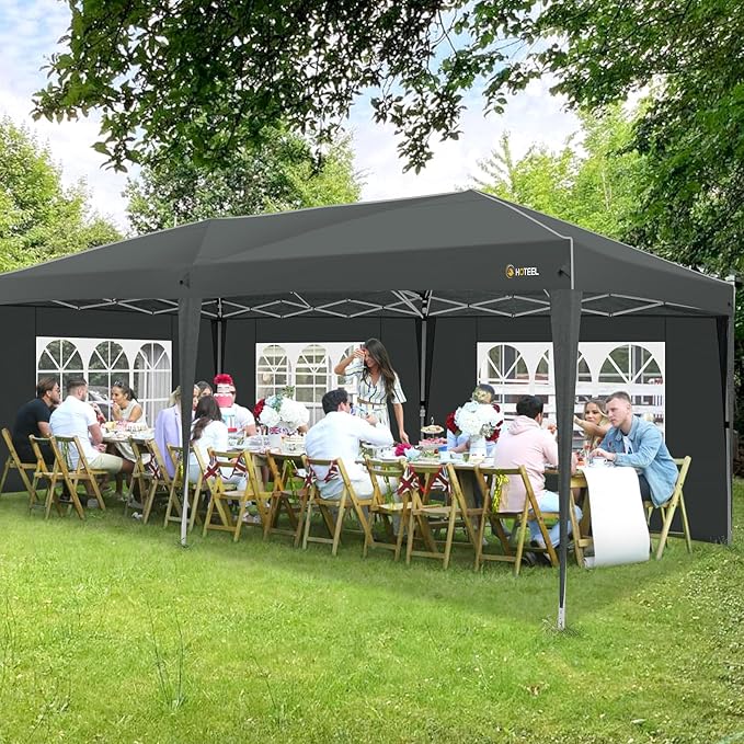 HOTEEL 10x20 Pop up Canopy with 6 Sidewalls, One Push Instant Setup Outdoor Canopy Tent with Reinforce Rod, Weight Bag, for Parties, Events, Gray
