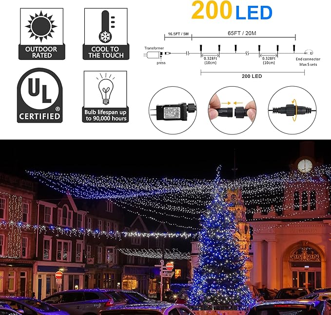 weillsnow Outdoor Christmas Decoration,66 FT 200 LED String Lights with Timer Memory Function,Plug in Waterproof Fairy Lights for Indoor Outdoor Home Room Garden Christmas Party Decor(Blue&White)