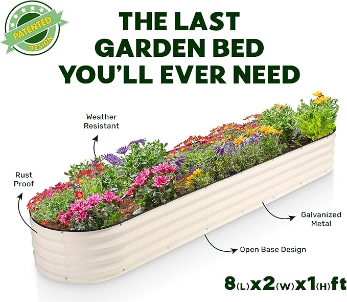 Galvanized Raised Garden Beds Outdoor // 8×2×1 ft Planter Raised Beds for Gardening, Vegetables, Flowers // Large Metal Garden Box (White) // Patented Tool-Free Design