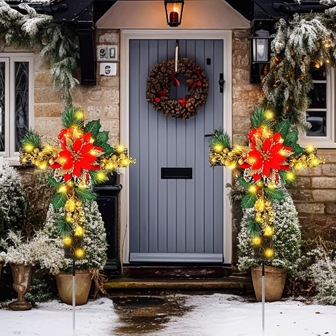Ganeen 2 Pcs Solar Stake Christmas Outdoor Decorations Christmas Yard Stake Decor LED Lights Cemetery Grave Cross Poinsettia Decor for Holiday Garden Pathway Lights (Poinsettia)