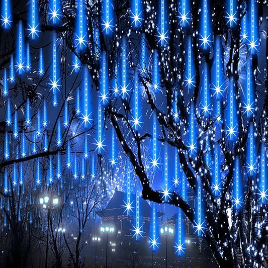 Christmas Lights Outdoor Meteor Shower Lights 24-Tube 576LEDs Snow Falling Rain Cascading Icicle Light for Xmas Tree Christmas Decorations Wedding Party Holiday Garden Decor, UL Plug Blue