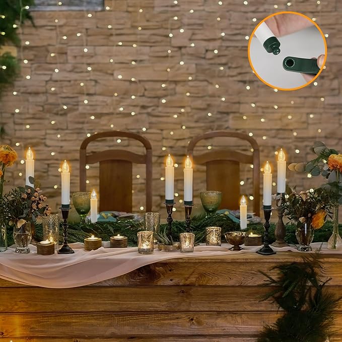 DRomance Christmas Tree Flameless Taper Candle Lights Battery Operated with 10-Key Remote and Timer, 30 Pack Plastic 3D Wick Flickering LED Taper Candles Multi-Using Home Garden Holiday Decor 3.4"