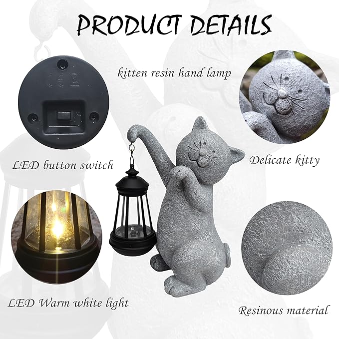 Cat Solar Garden Statues,Resin Cat Figurine Decorations with Solar Lights Lantern, Outdoor，Statue Decor Art for Lawn,Yard,Unique Housewarming Gift for Garden Home