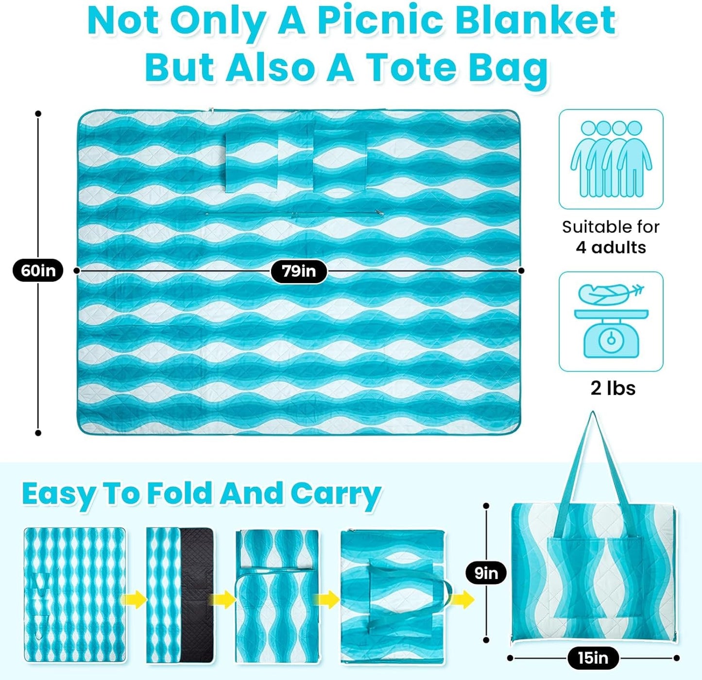 #WEJOY 3 in 1 Outdoor Picnic Blanket, Padded 3 Layers Beach Blanket, 80x60'', 4 Person, Easy to Fold, Waterproof for Lawn,Camping, Park (Cyan)