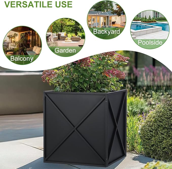 Metal Square Planter Box Tall Planters for Outdoor Plants Modern Heavy Duty with Drainage Holes for Outside Indoor Patio Deck - Black, 17”x 17”x 18”