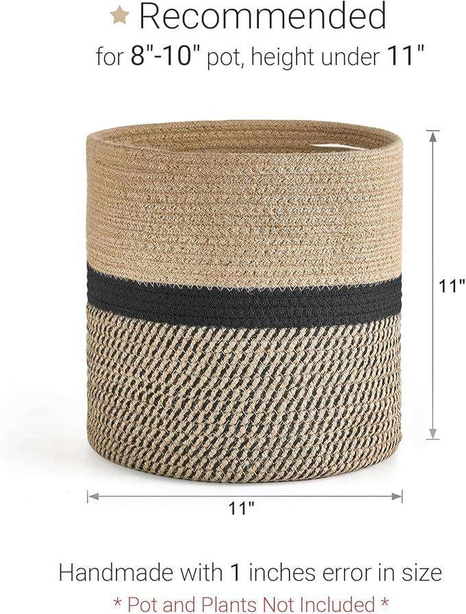 Dahey Jute Rope Plant Basket Modern Woven Storage Basket for 10" Indoor Planter, Decorative Flower Pots Cover Laundry Bin with Handle Rustic Home Decor, Black