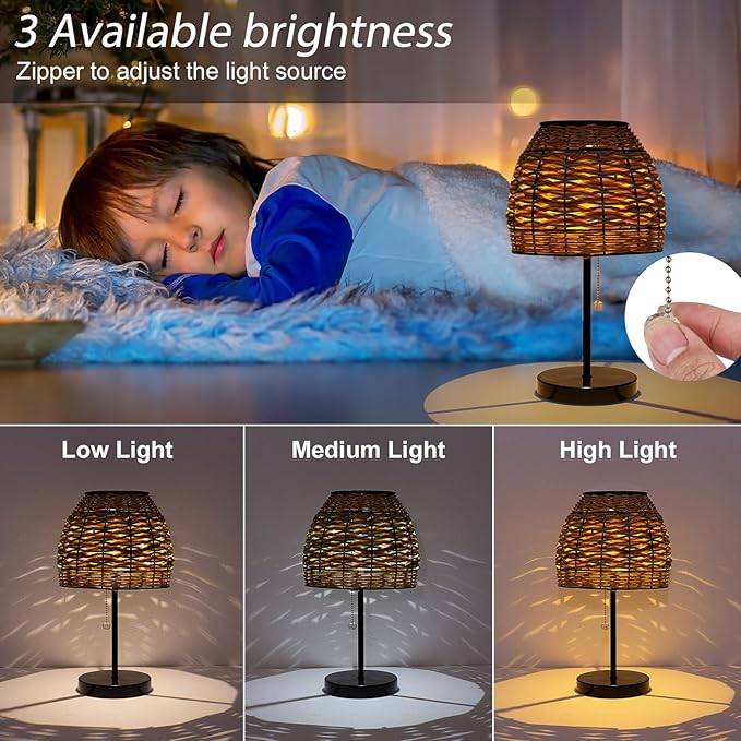 Outdoor Solar Table Lamp,3 Color Temperatures Bedside Lamps with USB-C Ports,Boho Desk Lamps Pull Chain Table Lamps with Black Metal Base for Garden,Yard,Patio,Lawn Outdoor Decor