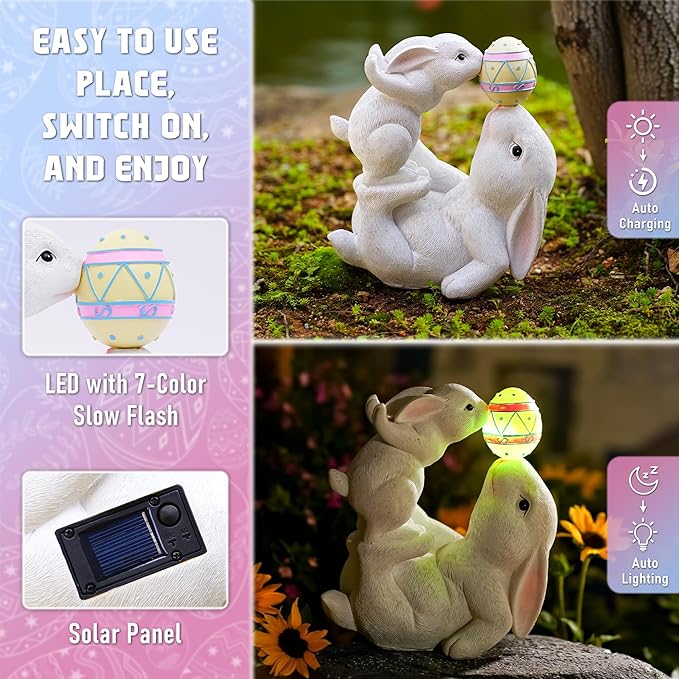 Easter Bunny Decor Solar Garden Outdoor Statues with Easter Egg LED Lights – Garden Rabbit Statue Outdoor Yard decorations for Patio,Lawn,Ornaments – Unique Easter Gifts for Birthday,Women,Mom