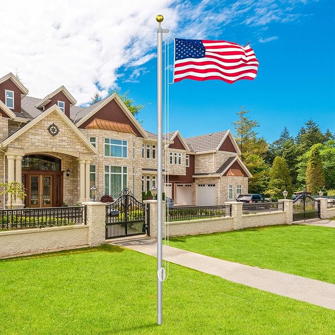 Flag Pole Kit 25FT, 12 Gauge 1.8mm Thickness Heavy Duty Flag Poles with 3x5 American Flag, Silver Flag pole for Outdoor House In Ground, Extra Thick Flagpoles Suitable for Yard and Garden