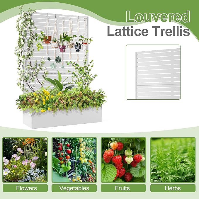 Trellis for Climbing Plants Outdoor，Mental Garden Bed with Drainage Holes Outdoor Privacy Screen Design Tall planters for herb Flower Vegetables 73"x47"x16", White-Louvered