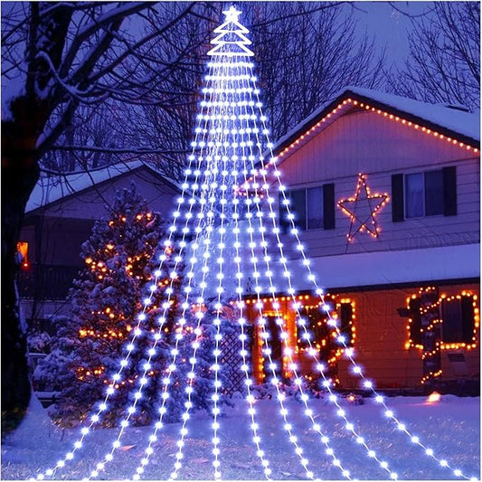 Outdoor Christmas Decorations Yard Star String Lights 420 LED Waterproof, 8 Lighting Modes Waterfall Lights for Yard Patio Garden Party (Cold White)