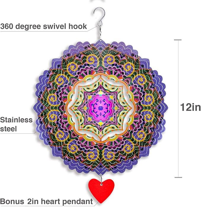 SteadyDoggie 12-Inch 3D Wind Spinners Outdoor - Mandala Purplerain Windmill Yard Decorations - Stainless Steel Laser Cut Ornament - Kinetic Garden Decor for Outside