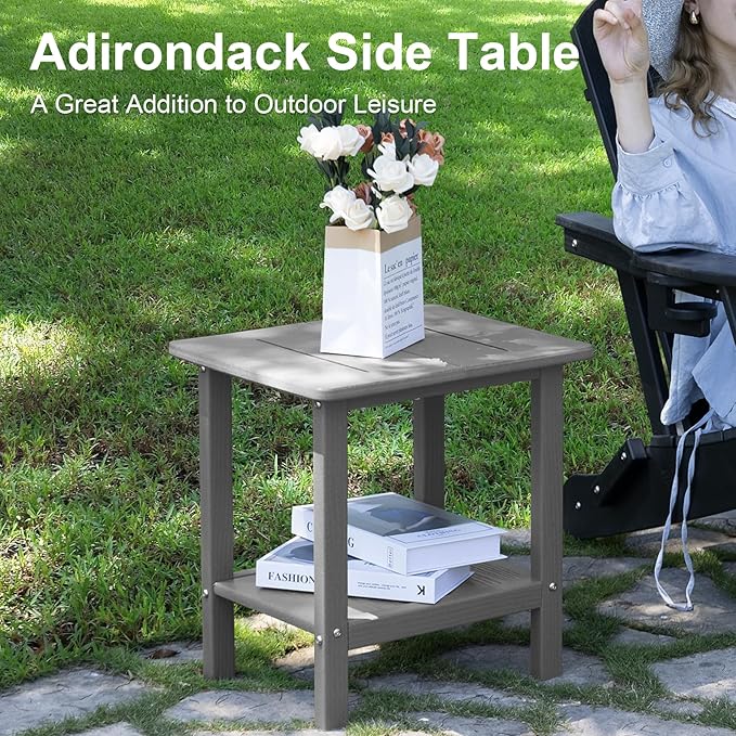 Outdoor Side Table - 2-Tier Storage All Weather Outdoor End Table for Patio - HDPE Morden Easy Maintenance Adirondack Side Table for Pool Porch Balcony Garden Lawn Backyard Outside Indoor
