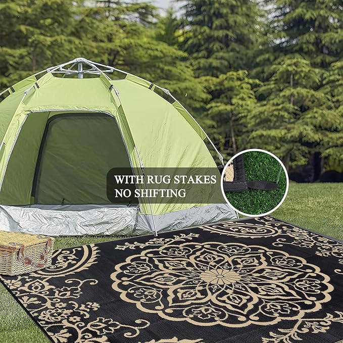 Pauwer Waterproof Outdoor Rug 6x9, Reversible Plastic Straw Patio Camping Rug, Indoor Outdoor RV Mat Carpet for Deck, Camper, Porch, Balcony, Backyard, Picnic, Boho Black Brown