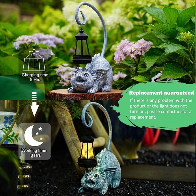 Baby Dragon Statue with Solar Lantern - Dragon Garden Decor and Housewarming Gifts for Mom, Women - Outdoor Dragon Gifts for Yard