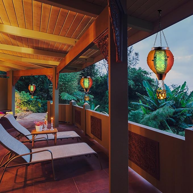 Solar Hot Air Balloon Lantern with Flickering Flame, Hanging Solar Lantern Garden Lights Glass Outdoor Waterproof Candle LED Lights for Garden/Yard/Patio Decor Mother's Day Gifts (Colorful)