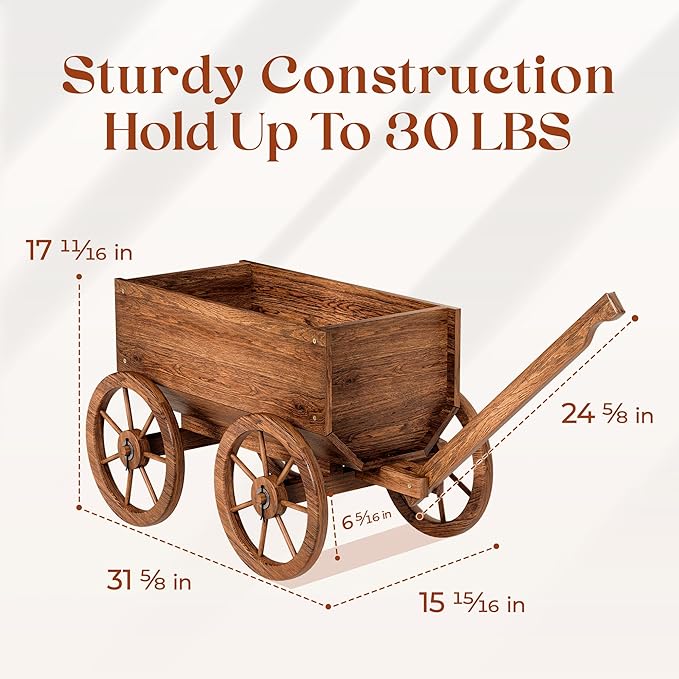 Wood Wagon Planter for Outdoor Balcony Decor - Garden Rustic Wooden Flower Cart with Wheels for Outside - Garden Decor - Amish Decorative Indoor - Wheelbarrow Planter for Patio
