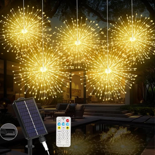 Solar Firework Lights Outdoor, 1000 LED Starburst Light Outdoor with USB Rechargerable, 8 Modes Waterproof Solar Hanging Lights for Gazebo Yard Party Wedding Decorations (Warm White, 1000 LED)