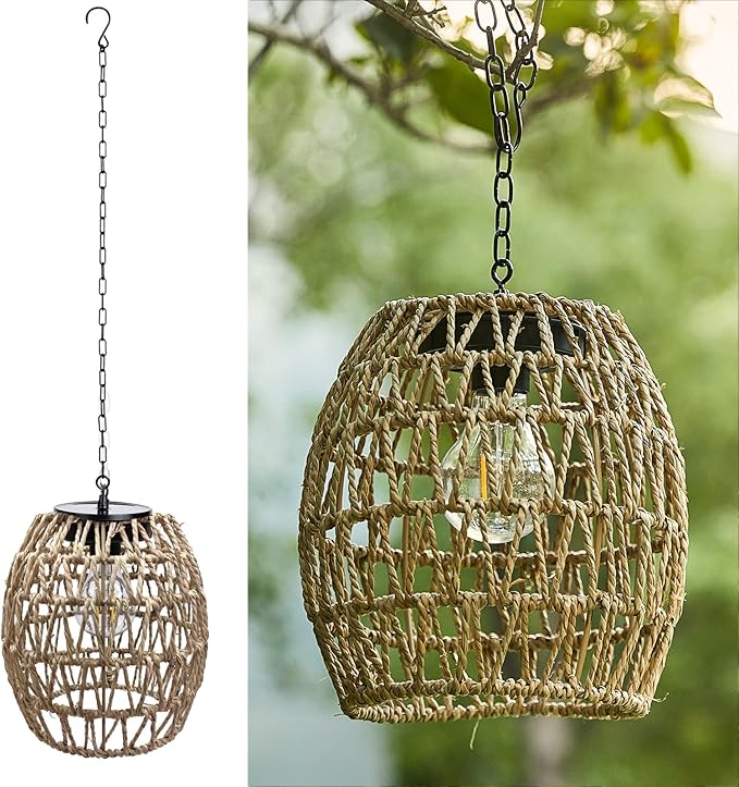Outdoor Solar Hanging Lantern, Natural Seeweed Rattan Bamboo Woven Porch Patio Gazebo Pendent Chandelier Light Decorative Solar Powered Hanging Lamp for Front Door Garden