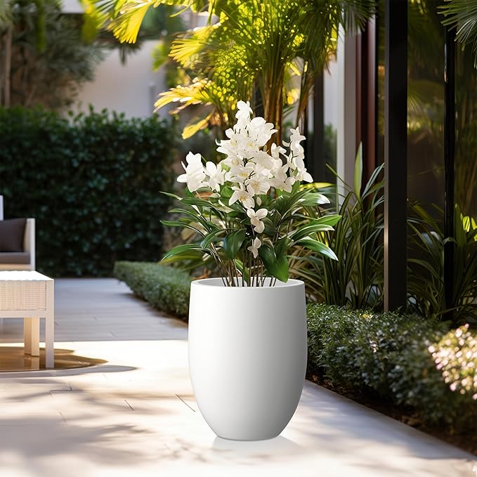 Kante 21.7" H White Concrete Tall Planter, Large Outdoor Indoor Decorative Pot with Drainage Hole and Rubber Plug, Modern Round Style for Home and Garden