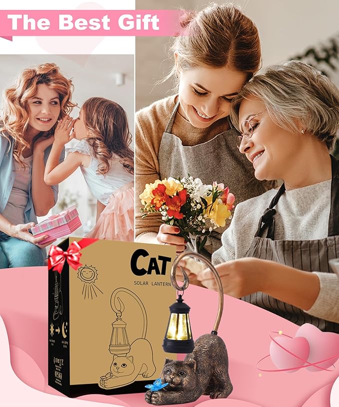 Solar Cat Garden Statue for Outdoor: Outside Sculptures Decor for Art Patio Balcony Yard Lawn – Unique Birthday Gift for Women Mom Grandma