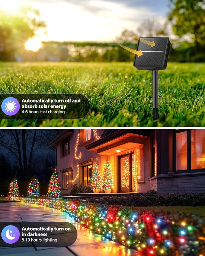 Brightown 2 Pack Solar String Lights Outdoor, Each 46Ft 120 LED Solar String Lights for Outside with 8 Modes, IP65 Waterproof Solar Outdoor Lights for Patio Garden Christmas Decorations, Multicolor