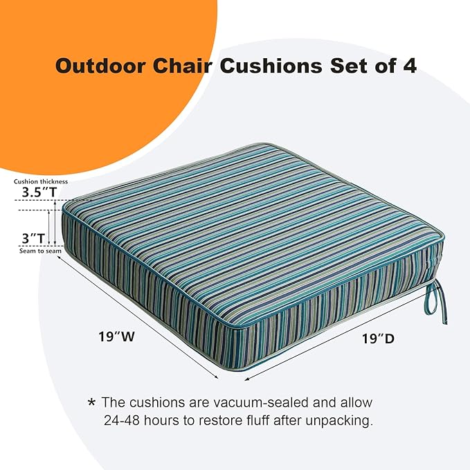 Sunbrella Square Corner Seat Cushions, 19" x 19" x 3", Set of 4, Indoor Outdoor Water Repellent Universal Chair Pads with Ties for Patio Furniture, Garden Dining Chairs, Swell Turquoise