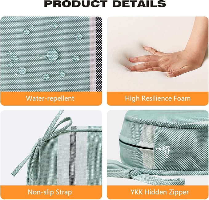 Round Corner Seat Cushions, 17" x 16" x 2", Set of 4, Indoor Outdoor Water Repellent Universal Chair Pads with Ties for Patio Furniture, Garden Deck Dining Chairs, Aqua Stripe