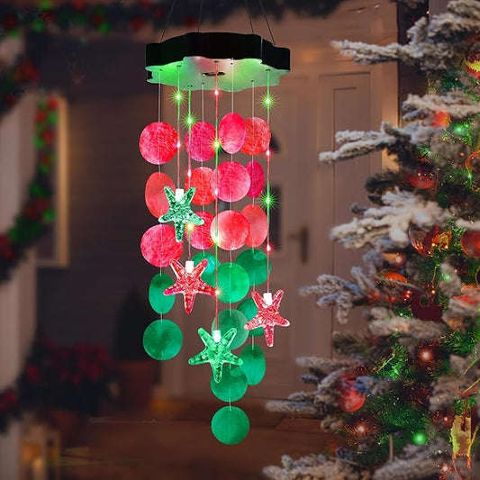 Solar Wind Chimes for Outside, Red & Green Shell Gifts for Mom Grandma Women, Waterproof Solar Outdoor Decorative Mobile Lights for Garden, Yard, Patio, Window, Party, Outdoor Decorations