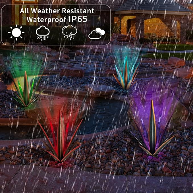 Large Tequila Rustic Sculpture, Rustic Metal Agave Plants for Outdoor Patio Yard, Home Decor Hand Painted Metal Agave Garden Yard Statue, Outdoor Lawn Ornaments (Blue - L (W/Solar Light))