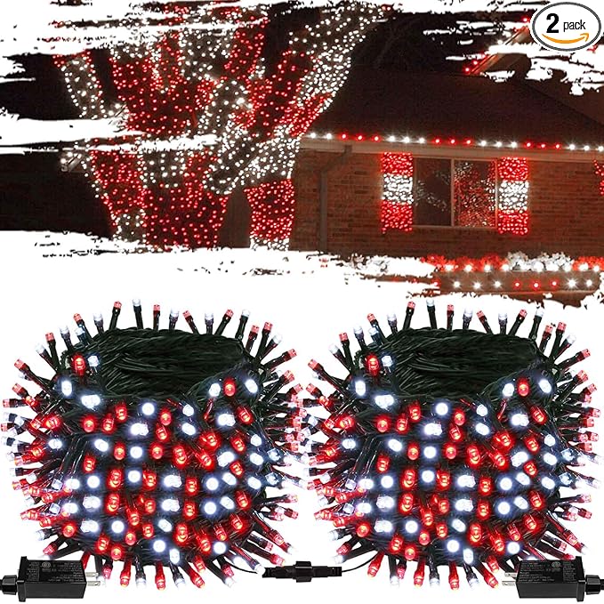 Connectable Red And White Christmas String Lights, 2Pack 164FT 400LED Christmas Lights for Outside/Indoor, Plug In Christmas Tree Lights with 8 Modes, String Lights for Christmas Decorations Holiday