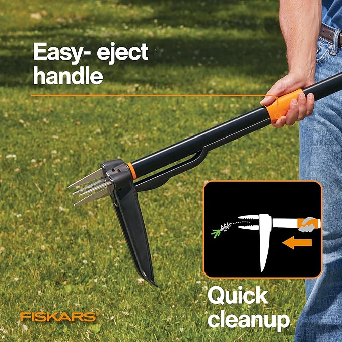 Fiskars 4-Claw Stand Up Weed Puller Tool, Gardening Hand Weeding Tool with 39" Long Ergonomic Handle with Easy-Eject Mechanism
