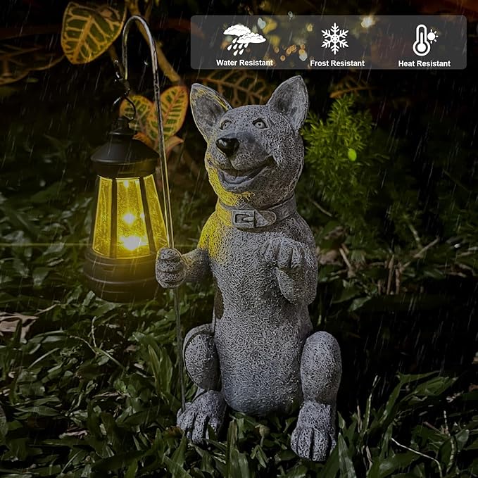 lightsfever Dog Statue with Solar Lantern, Outdoor Statues for Home Garden Balcony Decor, Solar-Powered LED Lights for Outdoor Patio Yard Lawn Decorations, Unique Gifts for Men, Moms, Grandma