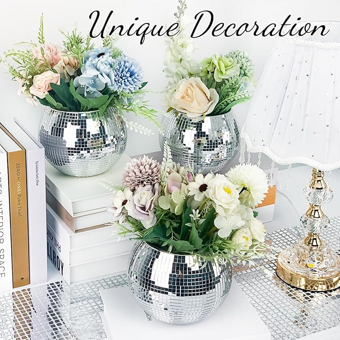 2 Pcs Disco Ball Vase, 5 x 6 Inch Mirrored Disco Ball Planters Perfect for Decorative Living Room, Bedroom, Dining Table, Wedding, Party, Birthday