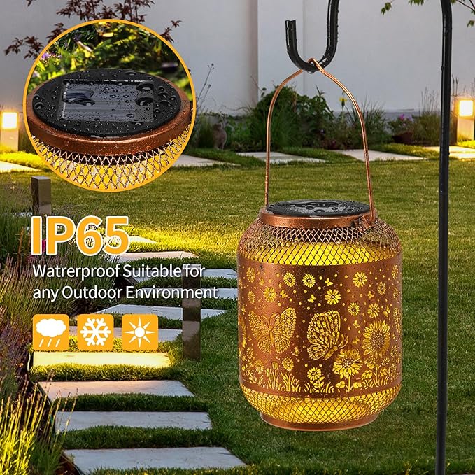 Solar Lanterns Outdoor Waterproof Butterfly Garden Decor Birthday Gifts for Women Mom Grandma Hanging Solar Lights Metal Decoration Outside for Yard, Patio, Backyard, Porch, Pathway