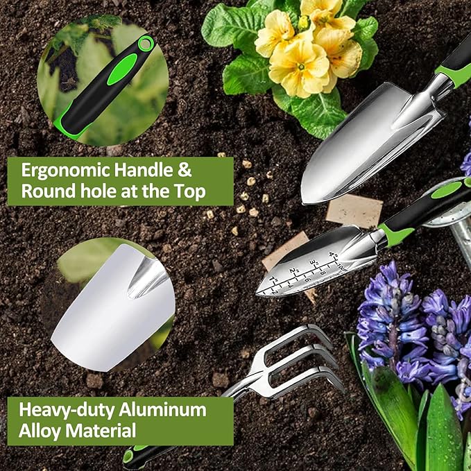 Garden Tool Set, 3 Piece Gardening Tools Includes Garden Trowel, Transplant Trowel and Hand Rake with Non-Slip Ergonomic Handle, Heavy Duty Gardening Kit for Gardening Planting, Gardening Gifts