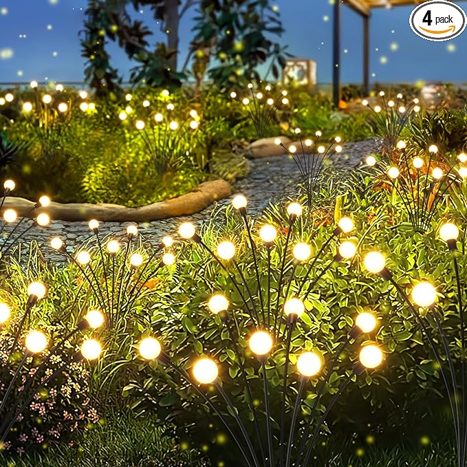 LETMY Solar Lights Outdoor, 4 Pack 32 LED Swaying Solar Garden Lights, Firefly Light for Outdoor Decorations, Garden Decor with Big Bulb & Larger Panel, Unique Gifts for Women, Gifts for Grandma