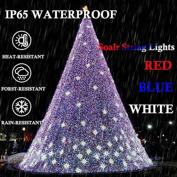 Red White and Blue Solar String Lights Outdoor, 2 Pack 80FT 200 LED Solar Outdoor Twinkle Light for 4th of July Independence Day Decor, Waterproof with 8 Modes, Garden Yard, Patriotic Memorial Decor