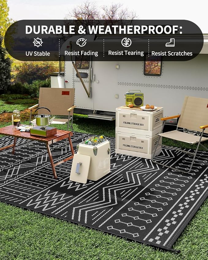 Outdoor Rug Carpet Waterproof 8x10 ft Patio Rug Mat Indoor Outdoor Area Rug for RV Camping Picnic Reversible Lightweight Plastic Straw Outside Rug for Patio Decor Decoration Boho Rug Black White