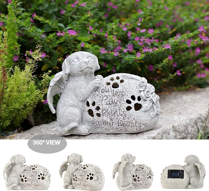 Dog Memorial Gifts Outdoor Statue with Solar Lights,Outdoor Resin Pet Ornament Grave Memorial Angel Decor Stone Effect